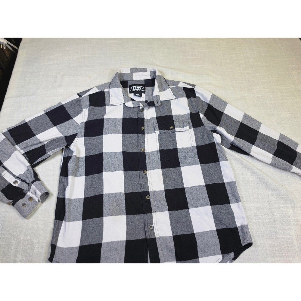 Rugged Wear Mens XL Flannel Shirt Black White Buffalo Plaid Button Down 1792